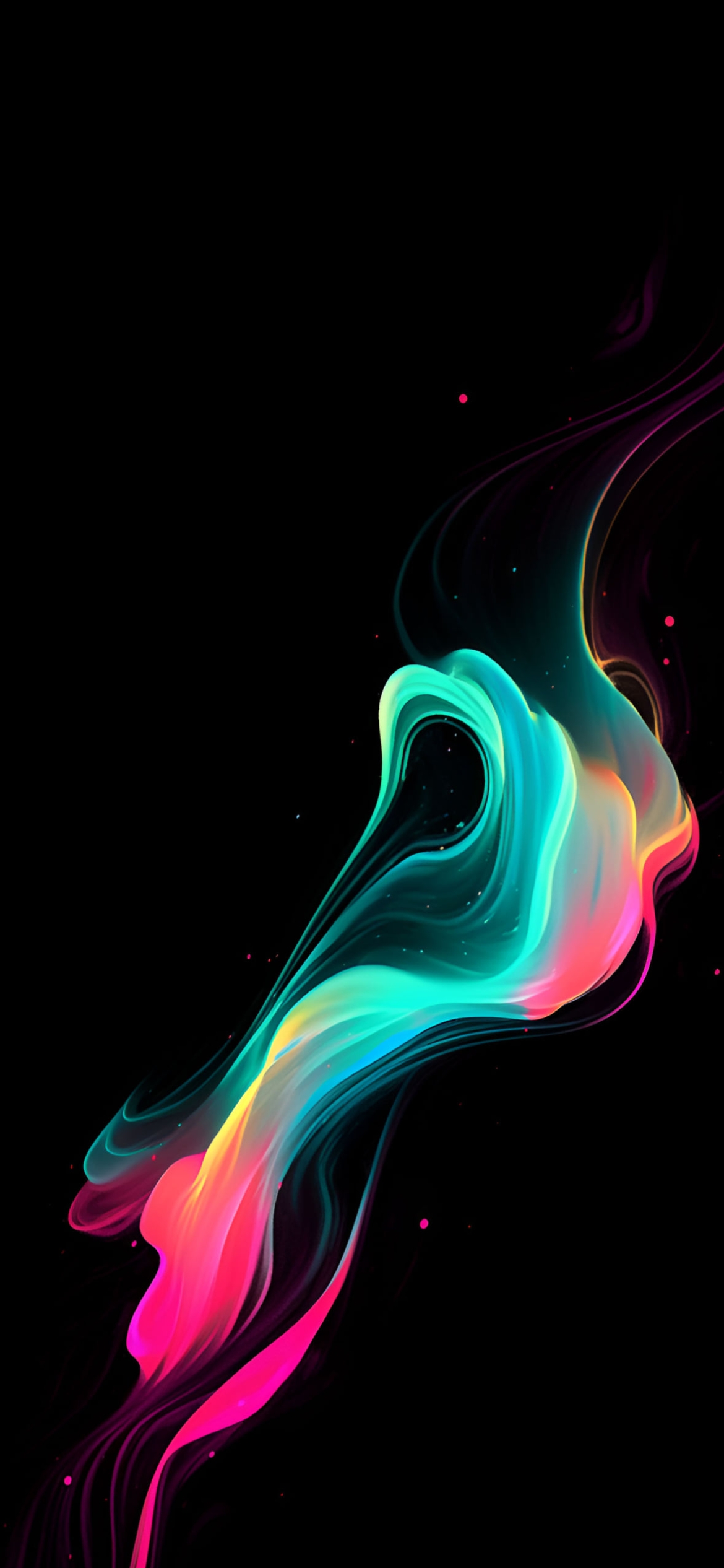 鮮やかな緑とピンクの煙のようなアートイメージの1170 x 2532 / スマホ壁紙