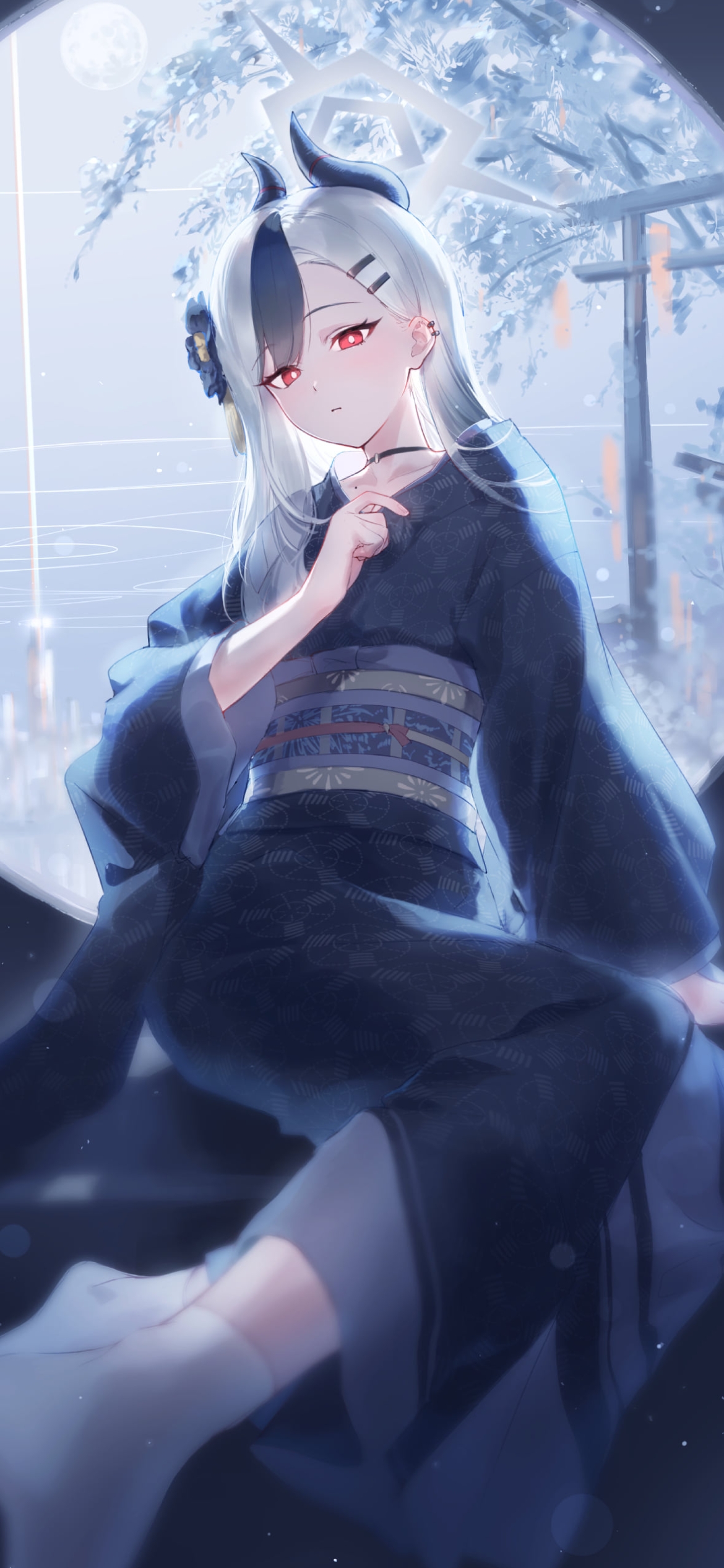 満月と黒い着物を着た鬼方カヨコ / ブルーアーカイブの1170 x 2532 / スマホ壁紙