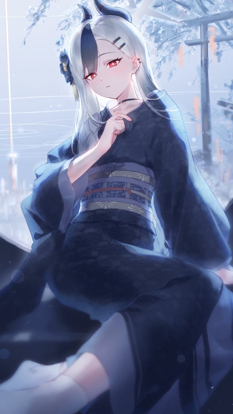 満月と黒い着物を着た鬼方カヨコ / ブルーアーカイブの750 x 1334 / スマホ壁紙