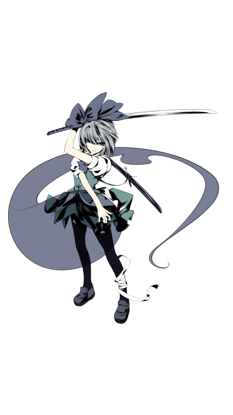 剣を構える鋭い眼光の魂魄妖夢 / 半霊 / 東方の750 x 1334 / スマホ壁紙