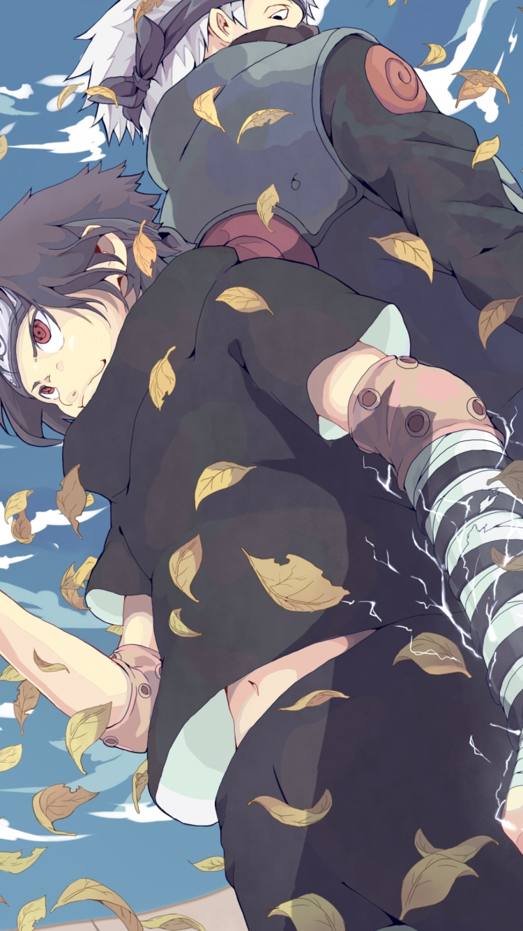 背中合わせに立つかっこいいうちはサスケとはたけカカシ / 舞い散る木の葉 / NARUTOの750 x 1334 / スマホ壁紙
