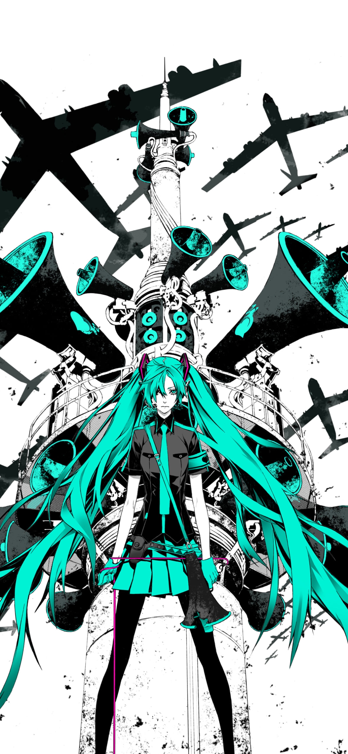 無数の飛行機と凄みのある初音ミク / ボカロの1170 x 2532 / スマホ壁紙