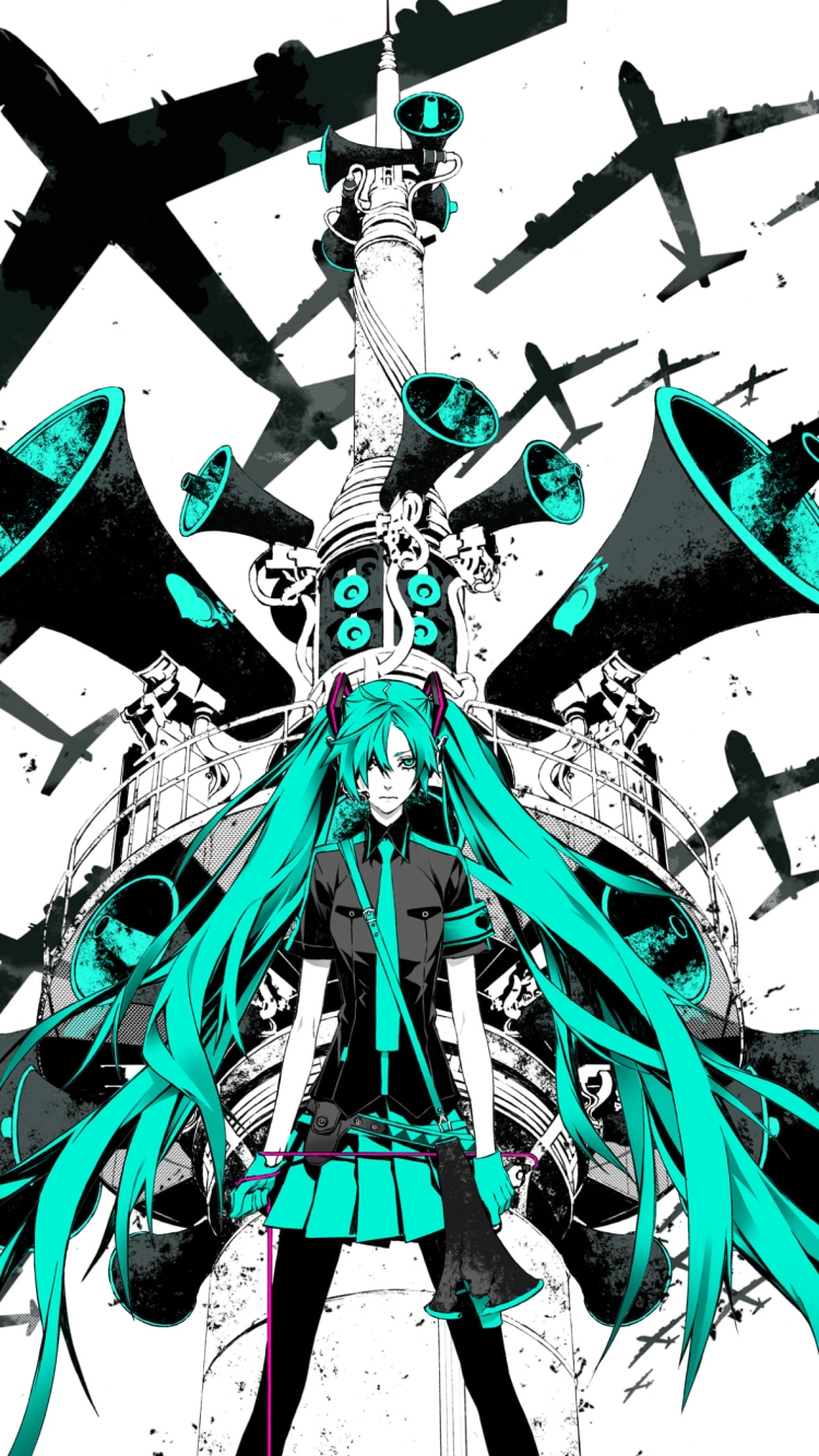 無数の飛行機と凄みのある初音ミク / ボカロの750 x 1334 / スマホ壁紙