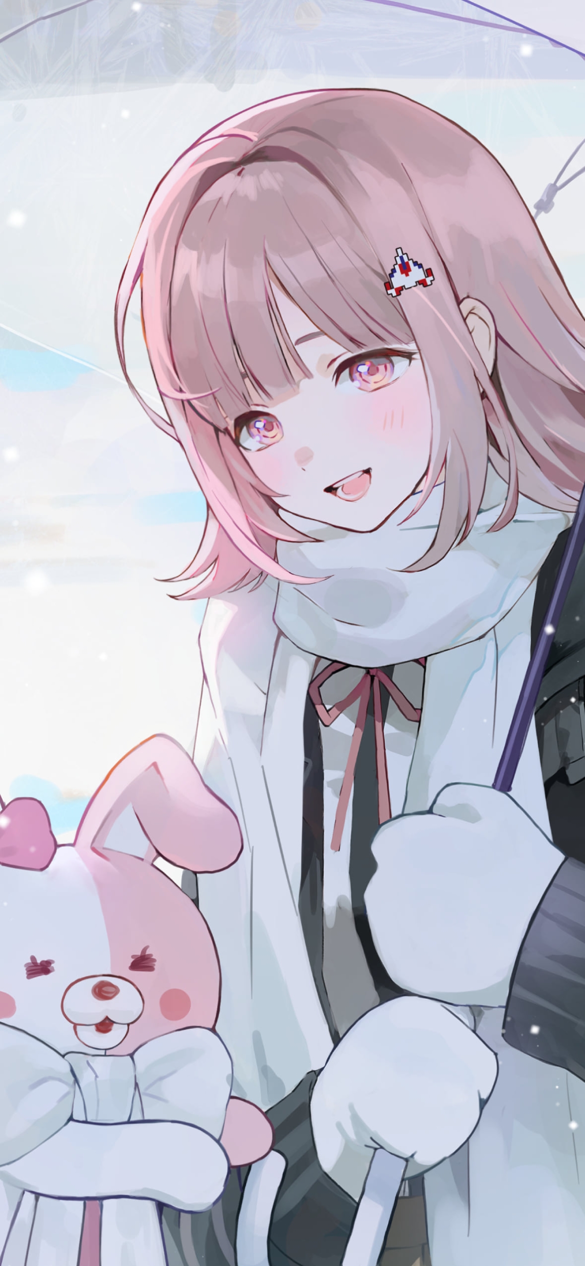 雪の中、ビニール傘をさす七海千秋とモノミ / ダンガンロンパの1170 x 2532 / スマホ壁紙