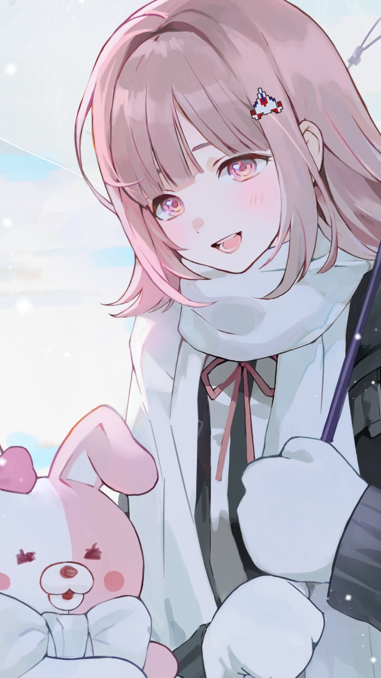 雪の中、ビニール傘をさす七海千秋とモノミ / ダンガンロンパの750 x 1334 / スマホ壁紙