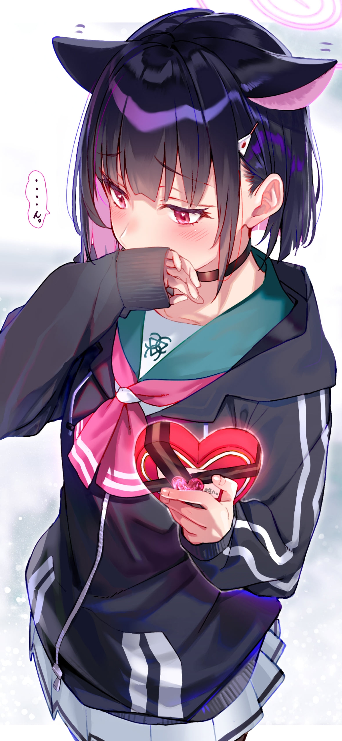 ピンクのハートのチョコを照れながら差し出す杏山カズサ / ブルアカの1170 x 2532 / スマホ壁紙