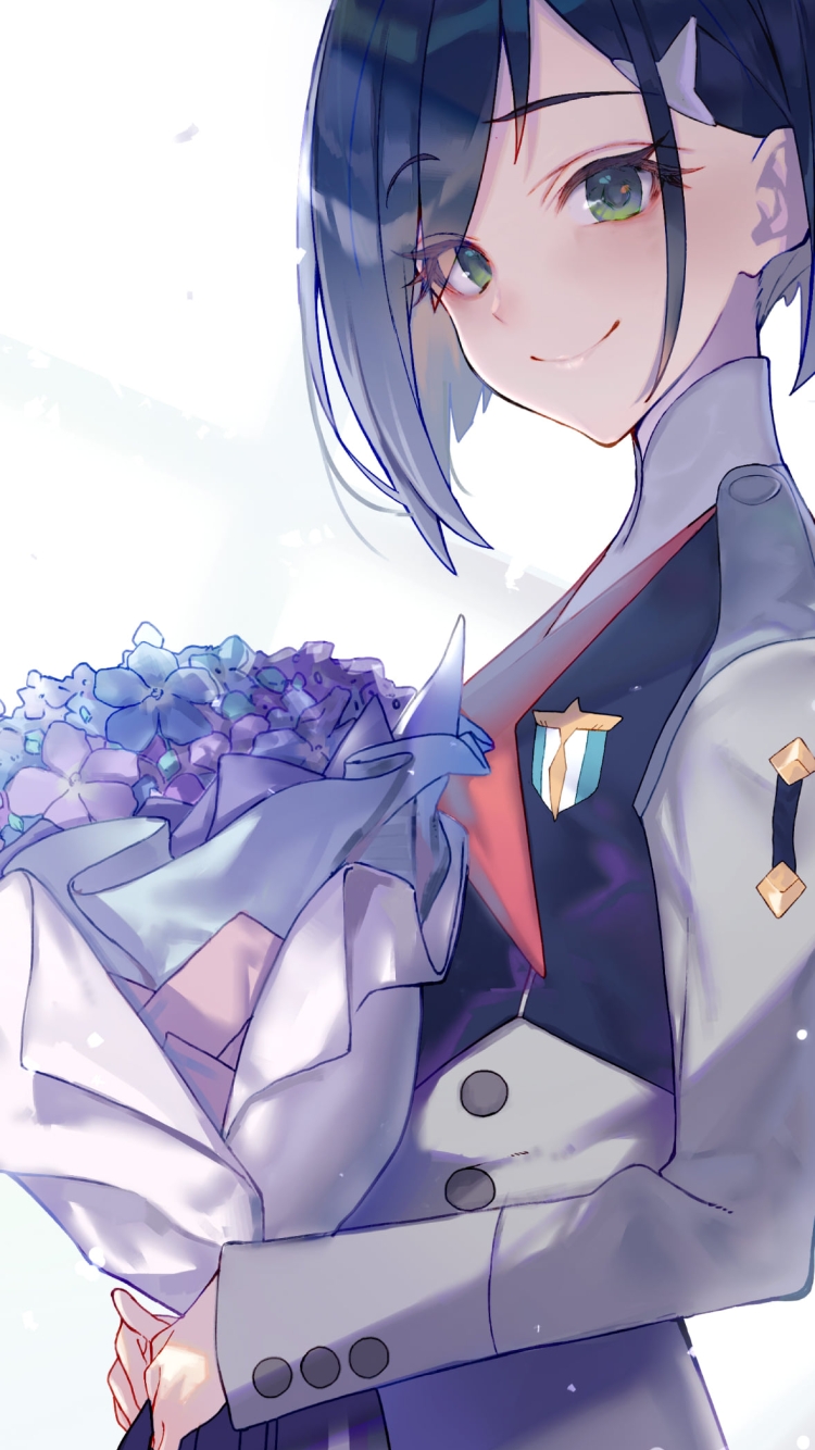 青い花束を持つイチゴ / ダリフラの750 x 1334 / スマホ壁紙