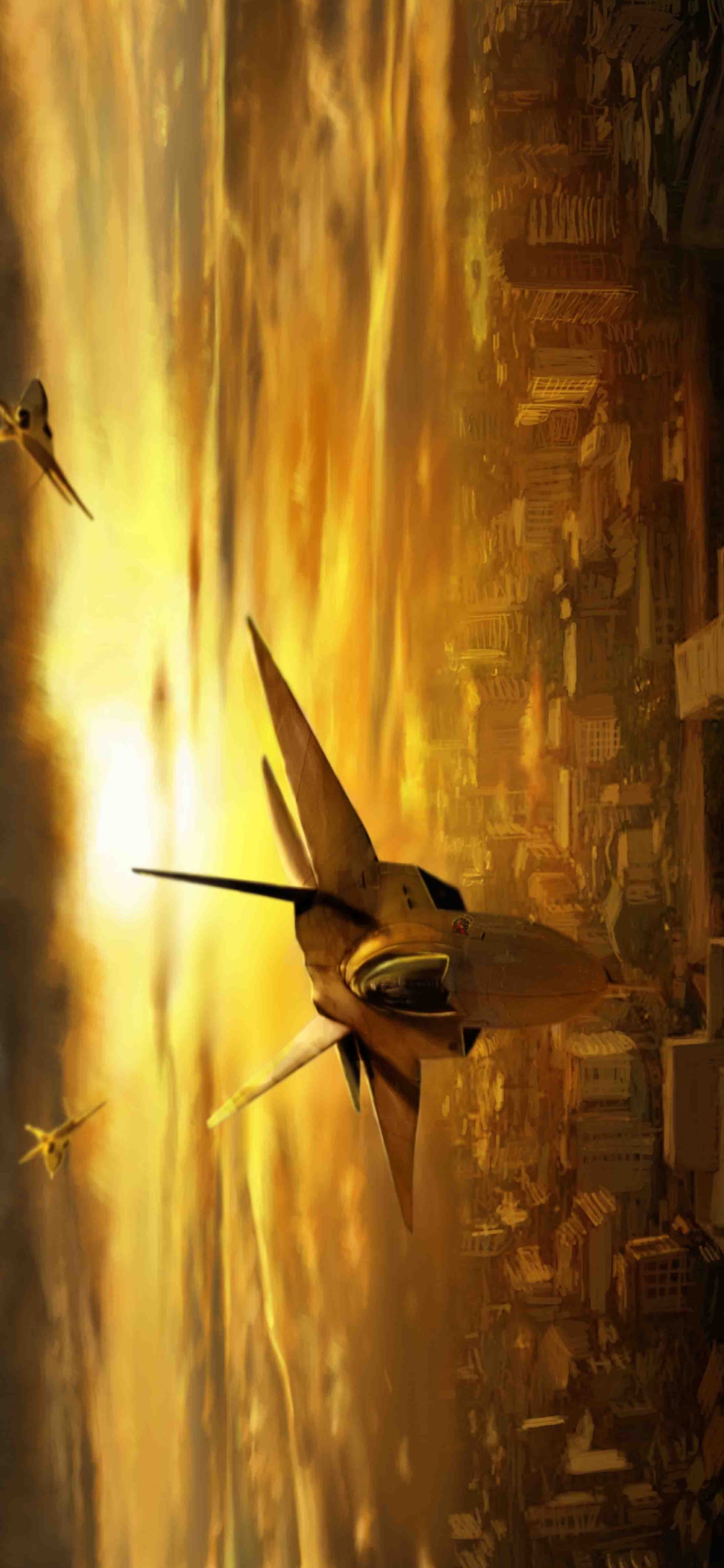 夕暮れの街の上を飛ぶ戦闘機の1170 x 2532 / スマホ壁紙