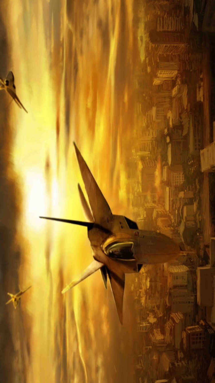夕暮れの街の上を飛ぶ戦闘機の750 x 1334 / スマホ壁紙