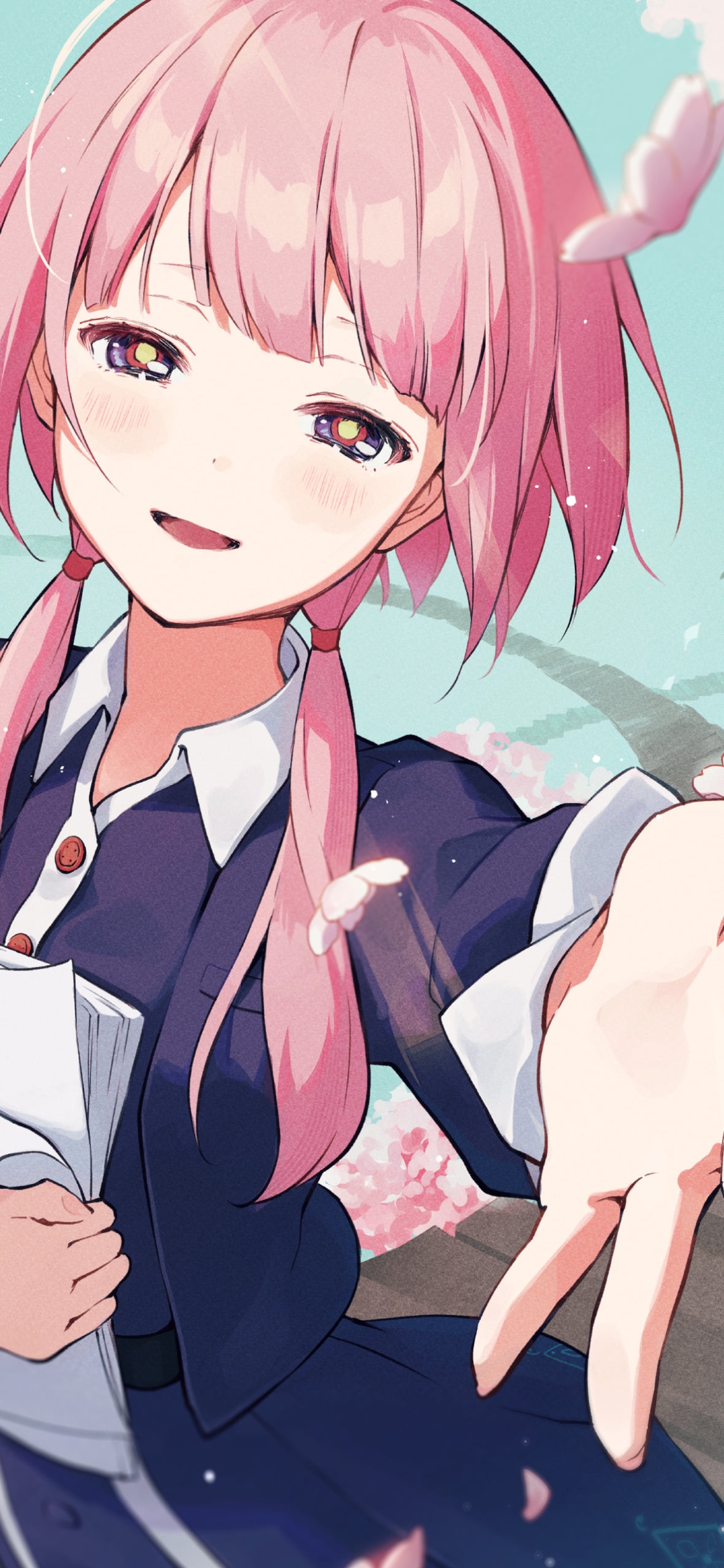 舞い散る桜の花と手を差し出す花譜 / バーチャルYouTuberの1170 x 2532 / スマホ壁紙