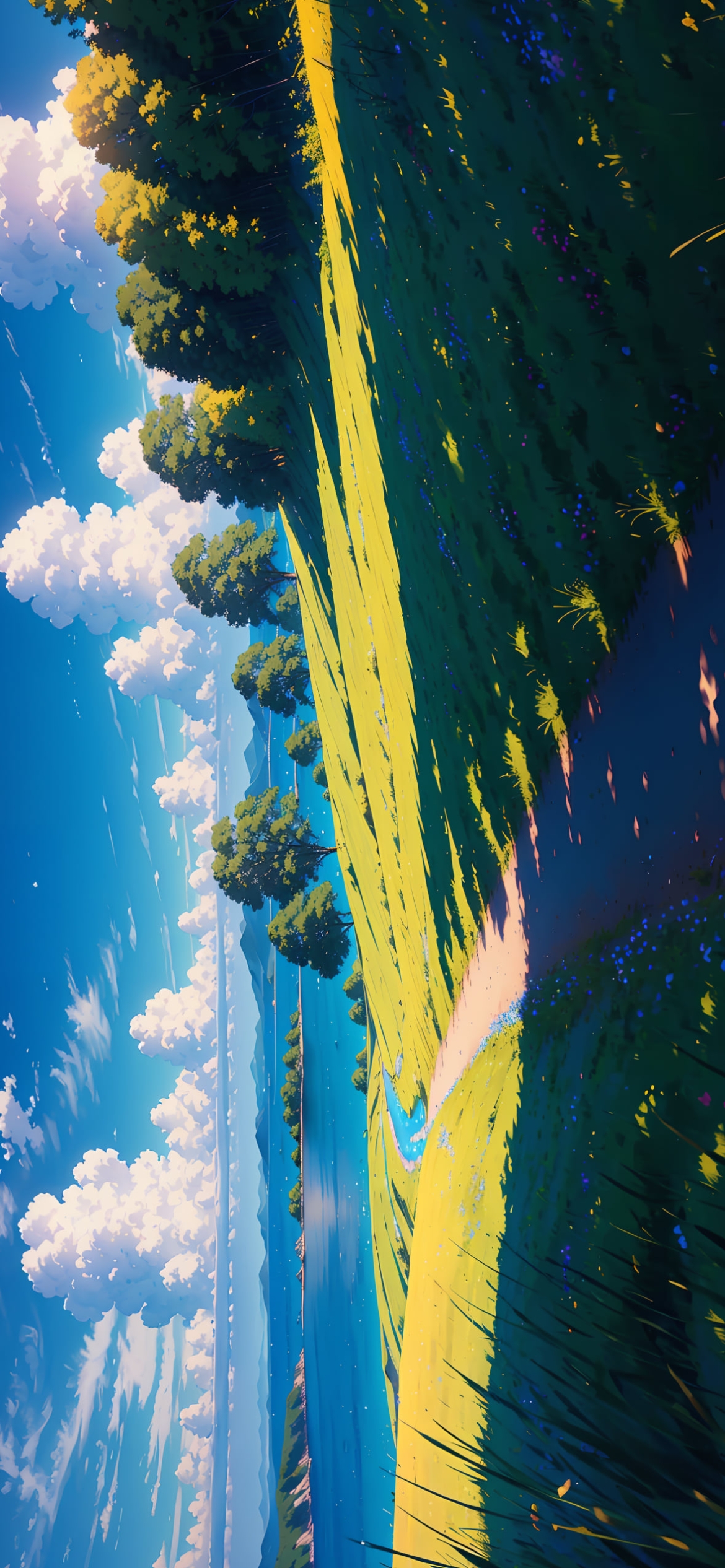 影のある湖へ続く道 / 夏の風景の1170 x 2532 / スマホ壁紙