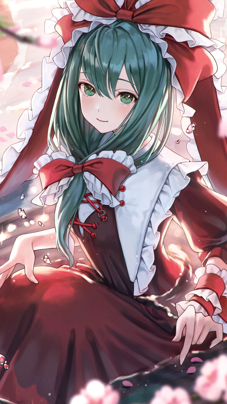 水に浸かった赤い服を着た鍵山雛 / ピンクの花 / 東方の750 x 1334 / スマホ壁紙