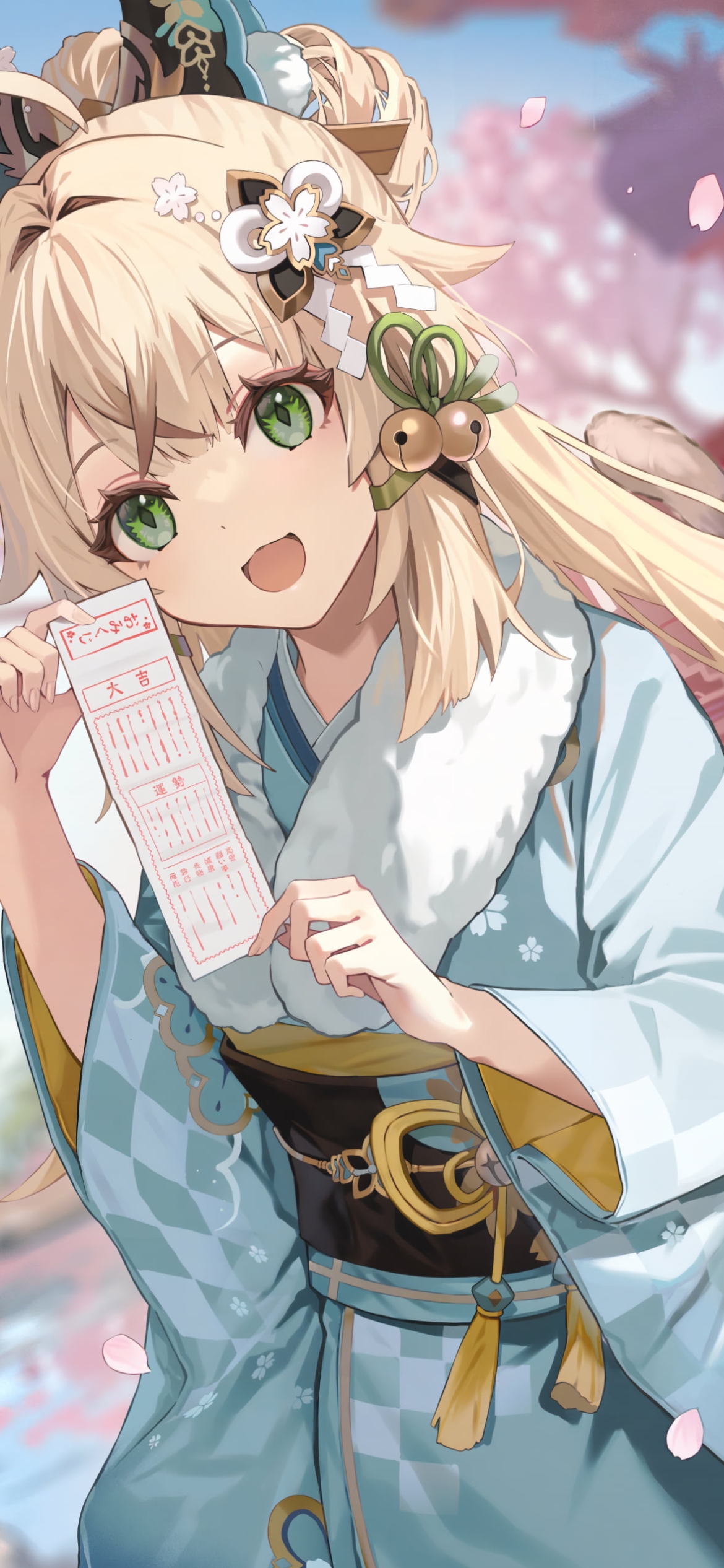 大吉のおみくじを引く笑顔の綺良々 / 原神の1170 x 2532 / スマホ壁紙