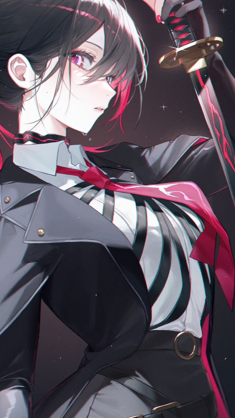 ピンクのラインが入った黒い剣を持つケルベロス / 伝説の剣の750 x 1334 / スマホ壁紙