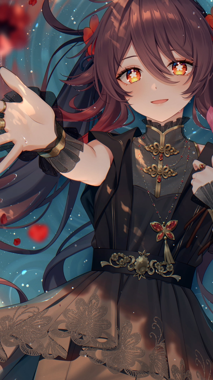赤・ピンクの花に手を伸ばす胡桃 / 原神の750 x 1334 / スマホ壁紙