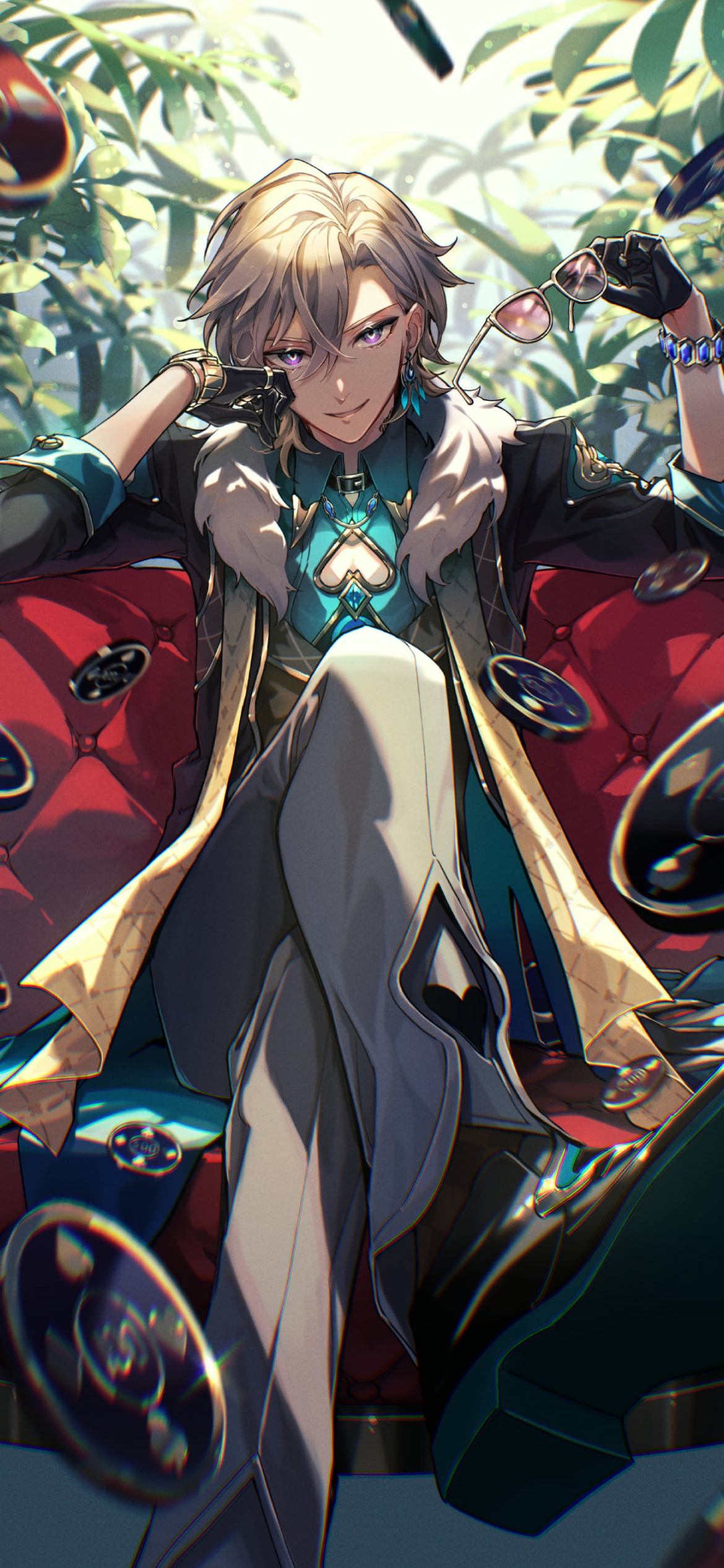 赤い椅子に座り微笑むアベンチュリン / サングラス / コイン / 崩壊:スターレイルの1170 x 2532 / スマホ壁紙