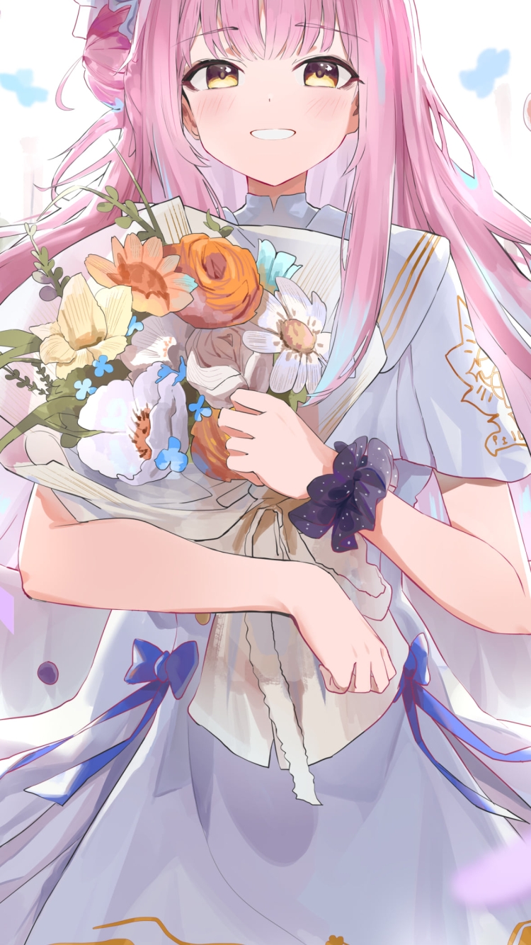 オレンジ・白の花束を持つ笑顔の聖園ミカ / ブルーアーカイブの750 x 1334 / スマホ壁紙