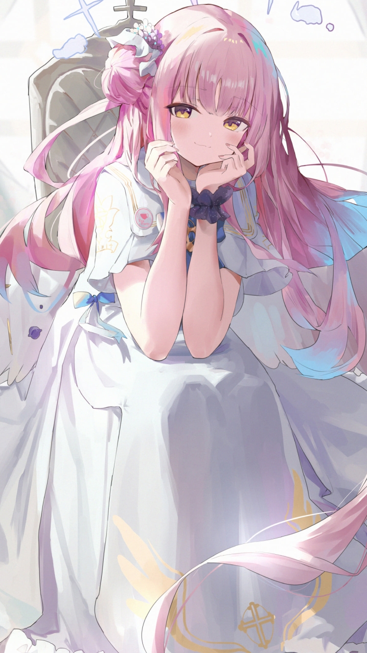 白い椅子に座って頬杖をつく可愛い聖園ミカ / ブルーアーカイブの750 x 1334 / スマホ壁紙