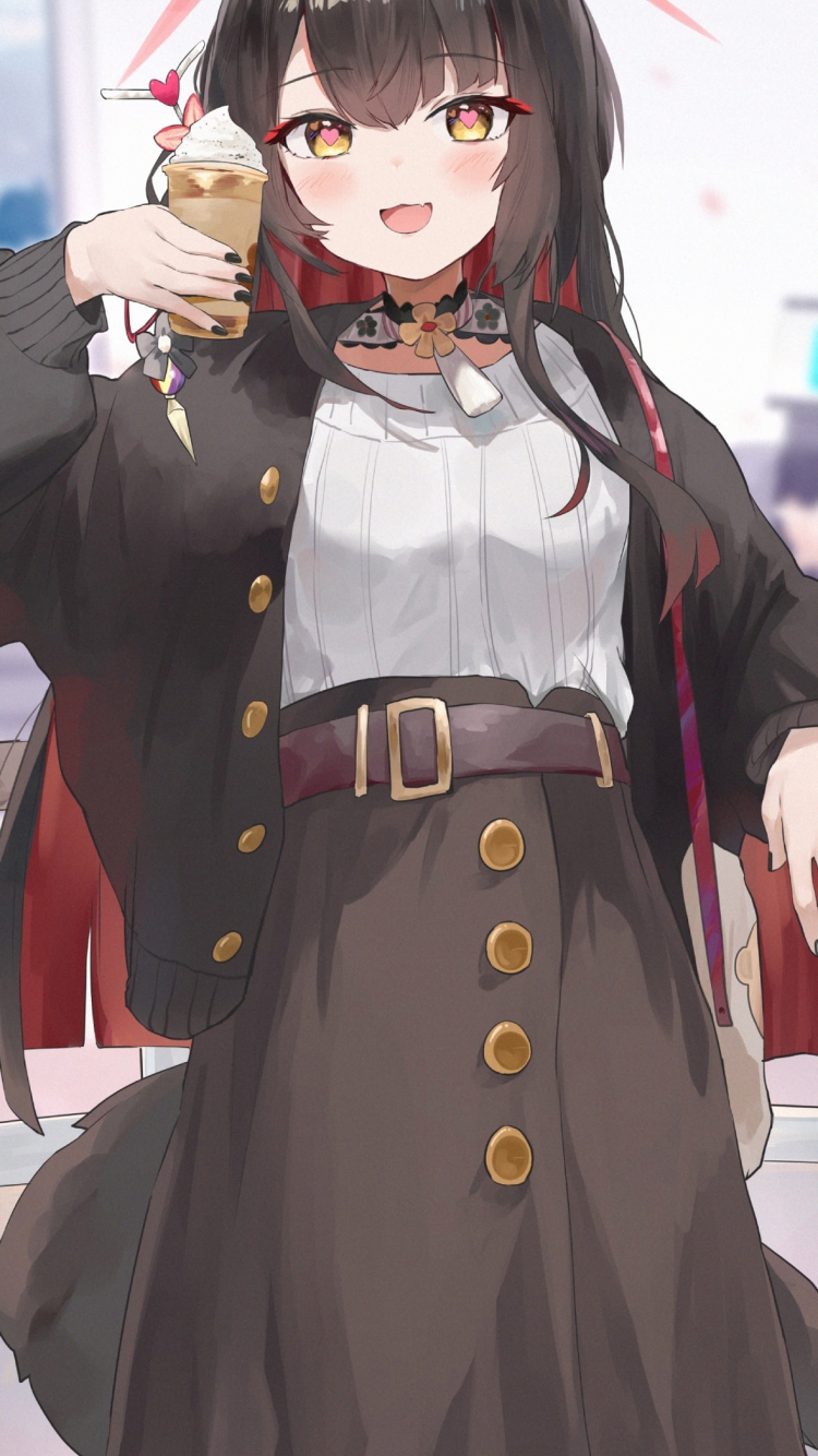 コーヒーフロートを持つ制服姿の狐坂ワカモ / ブルーアーカイブの750 x 1334 / スマホ壁紙