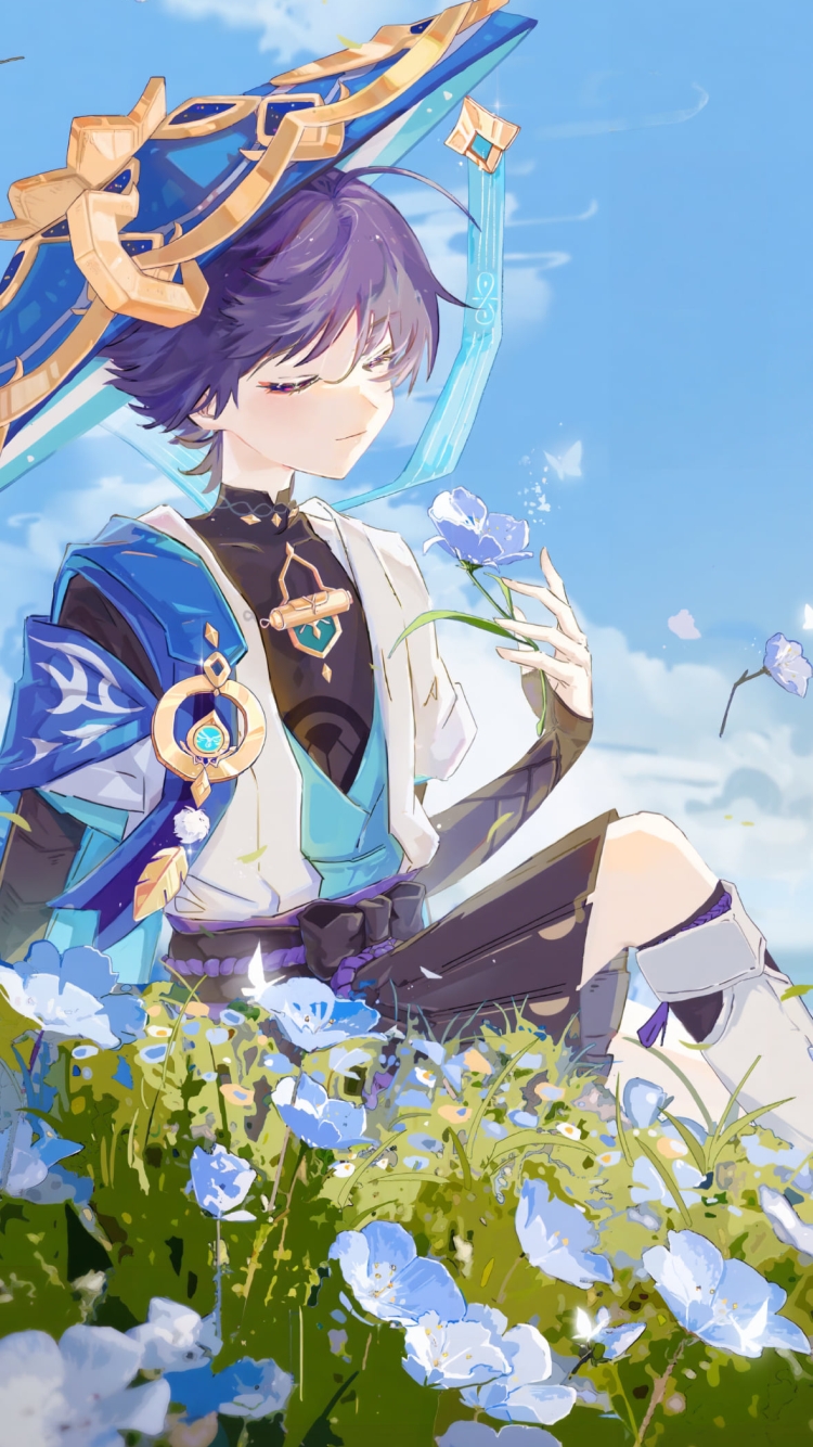 青い花を愛でる放浪者 / Wanderer / 原神の750 x 1334 / スマホ壁紙