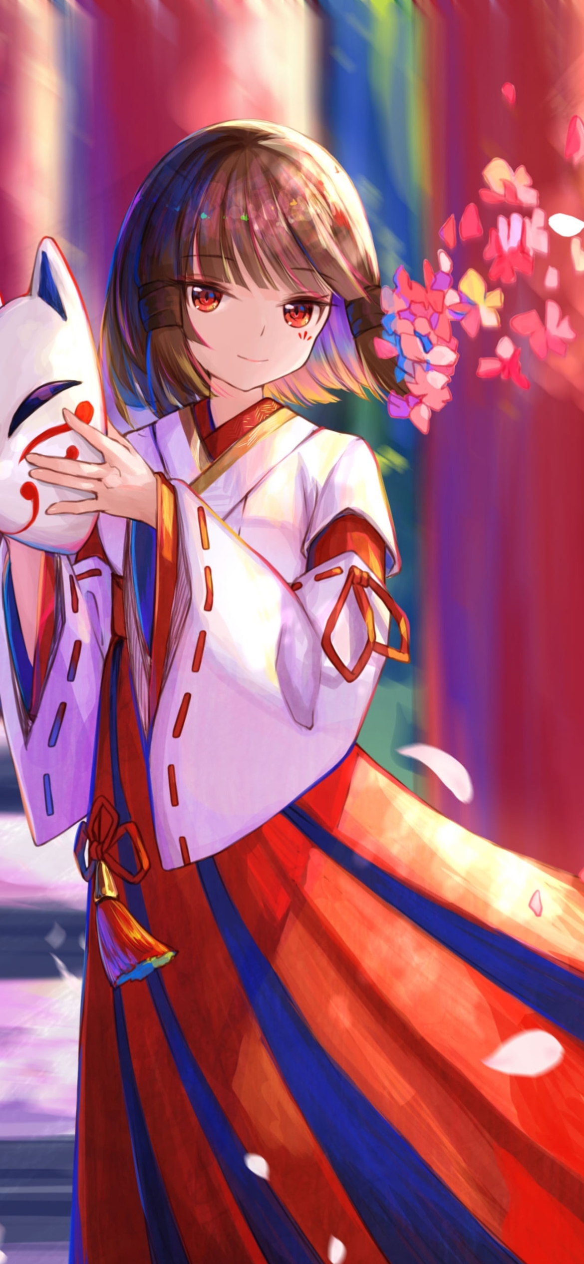 立ち並ぶ赤い鳥居と狐面を持つ花散里 / 原神の1170 x 2532 / スマホ壁紙