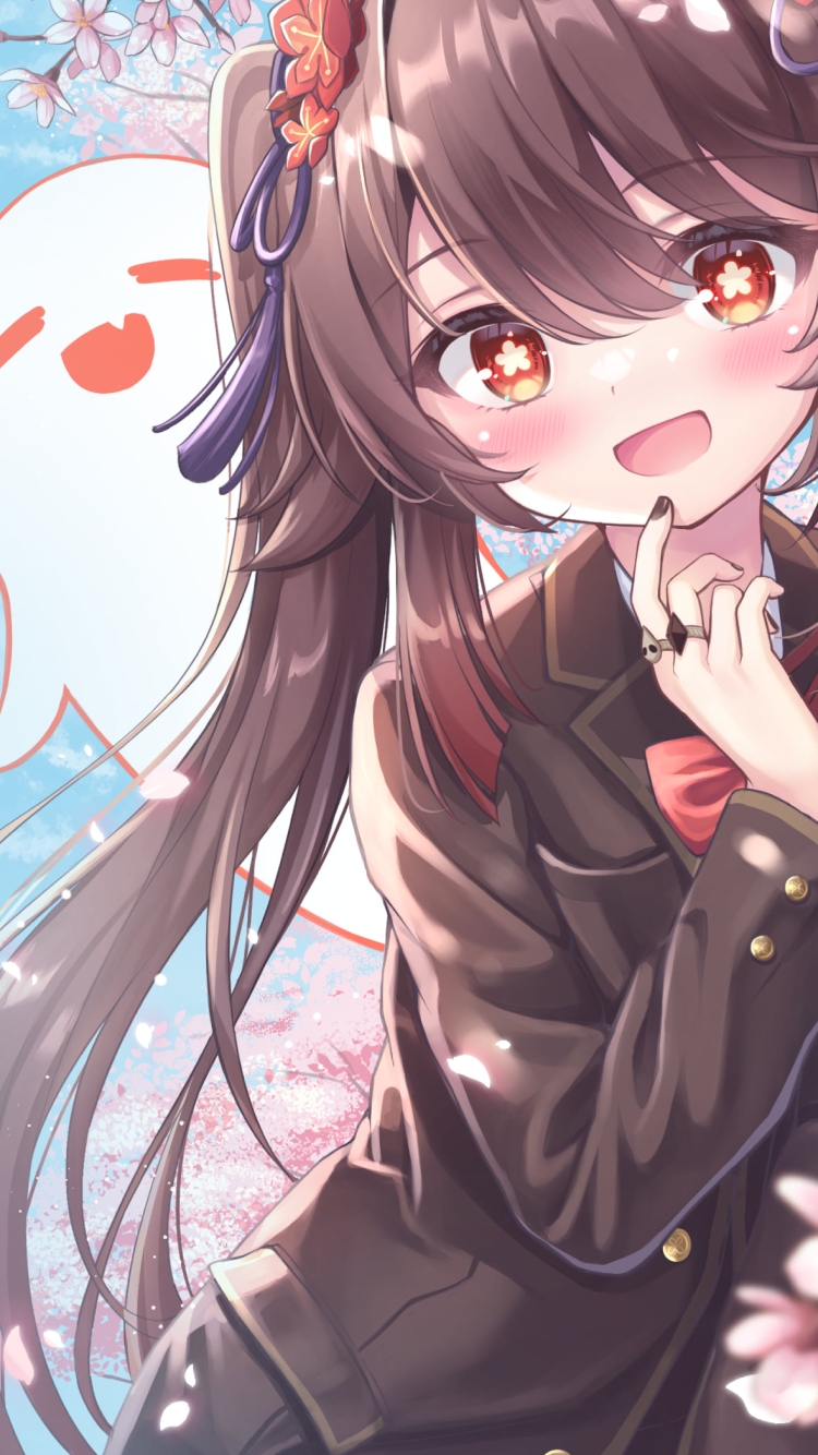 桜の花と笑顔の胡桃 / お化け / 原神の750 x 1334 / スマホ壁紙