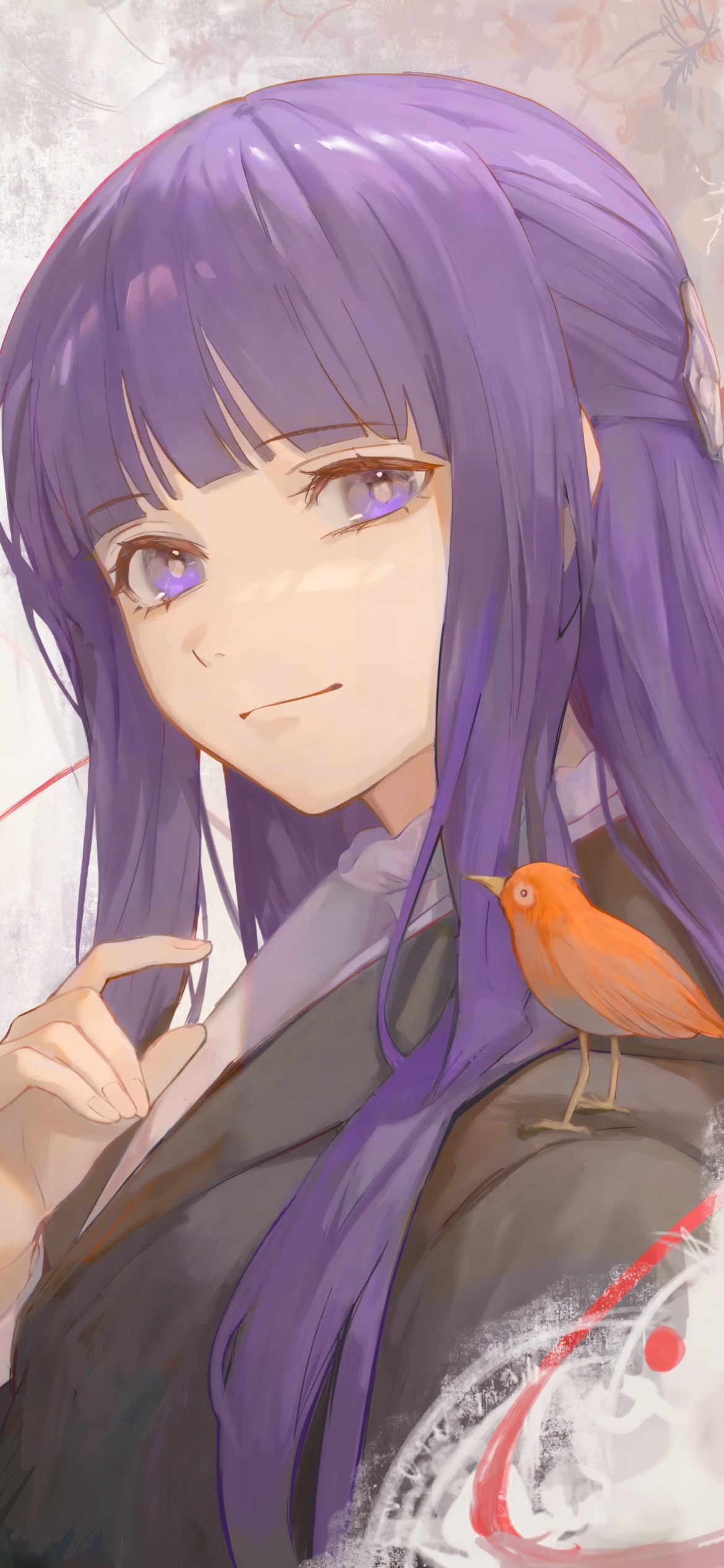 肩にオレンジの鳥を乗せたフェルン / 葬送のフリーレンの1170 x 2532 / スマホ壁紙