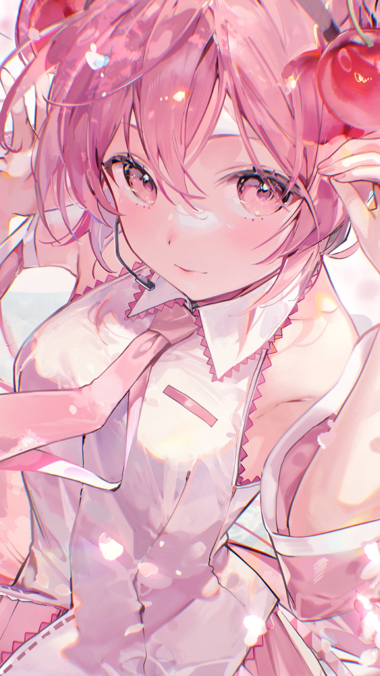 サクランボの髪飾りをつけこちらを見つめる桜ミク / 可愛い / 初音ミク / ボカロの750 x 1334 / スマホ壁紙
