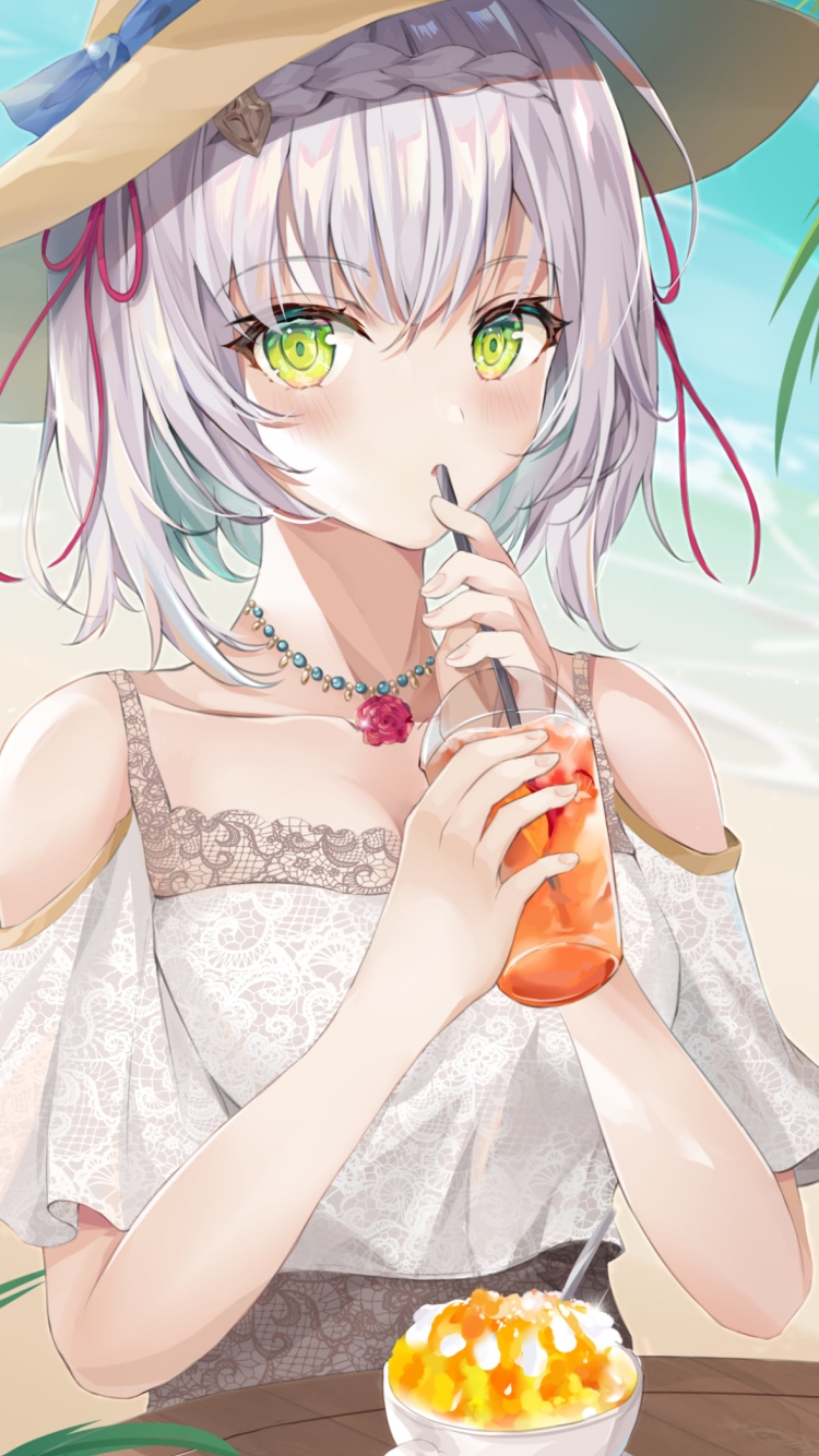 ジュースを飲む帽子を被ったノエル / 南国 / ハイビスカス / バカンス / 原神の750 x 1334 / スマホ壁紙