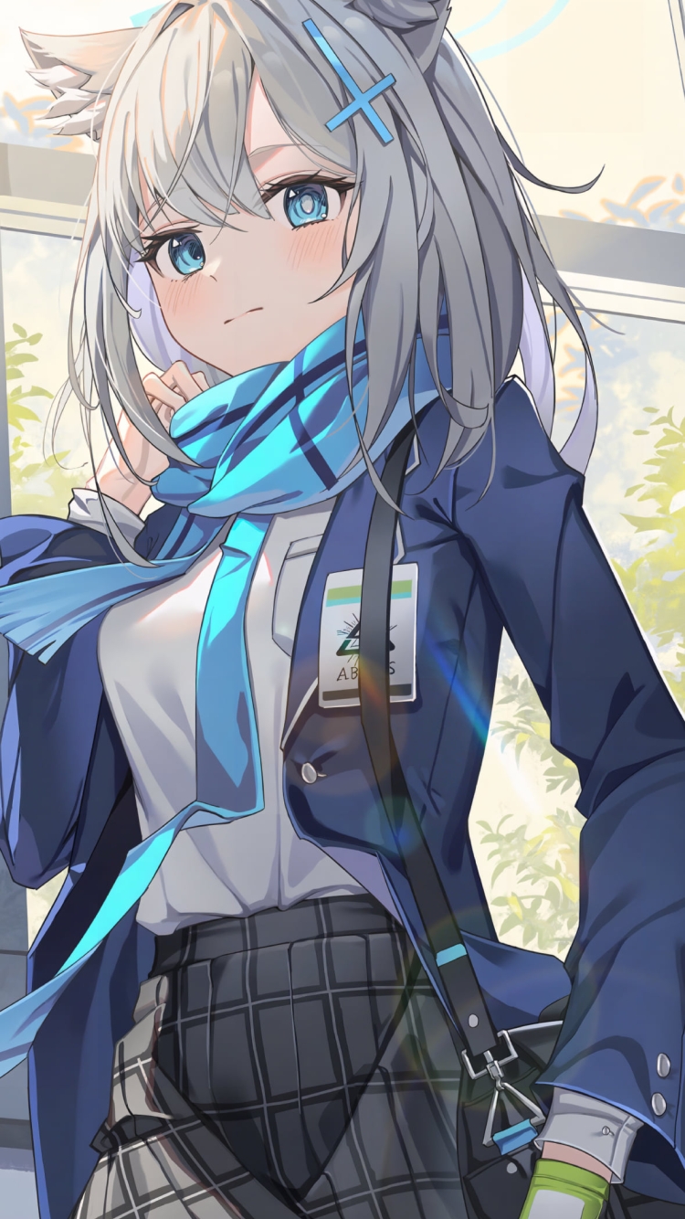 窓際でこちらを見つめる砂狼シロコ / 水色のマフラー / ブルーアーカイブの750 x 1334 / スマホ壁紙 | 壁紙キングダム