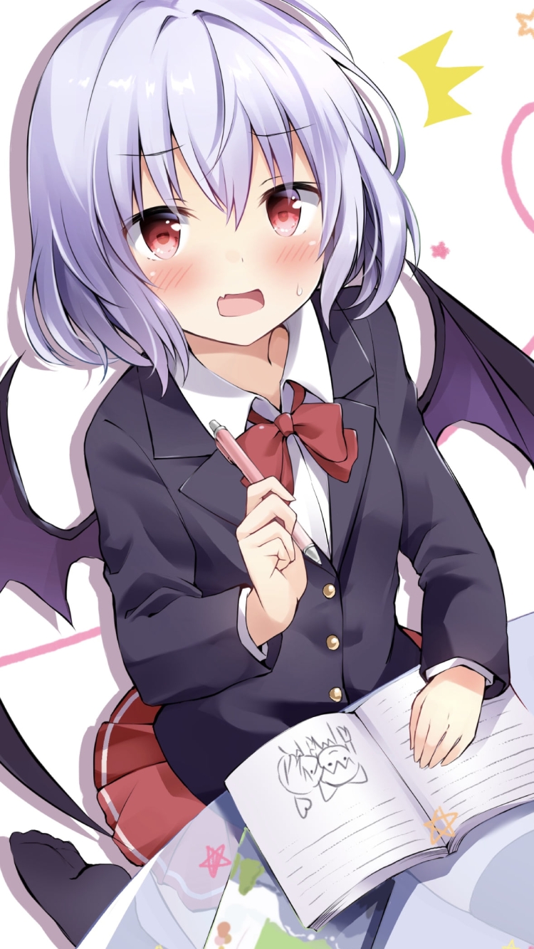 博麗霊夢のイラストを描くレミリア・スカーレット / 東方の750 x 1334 / スマホ壁紙