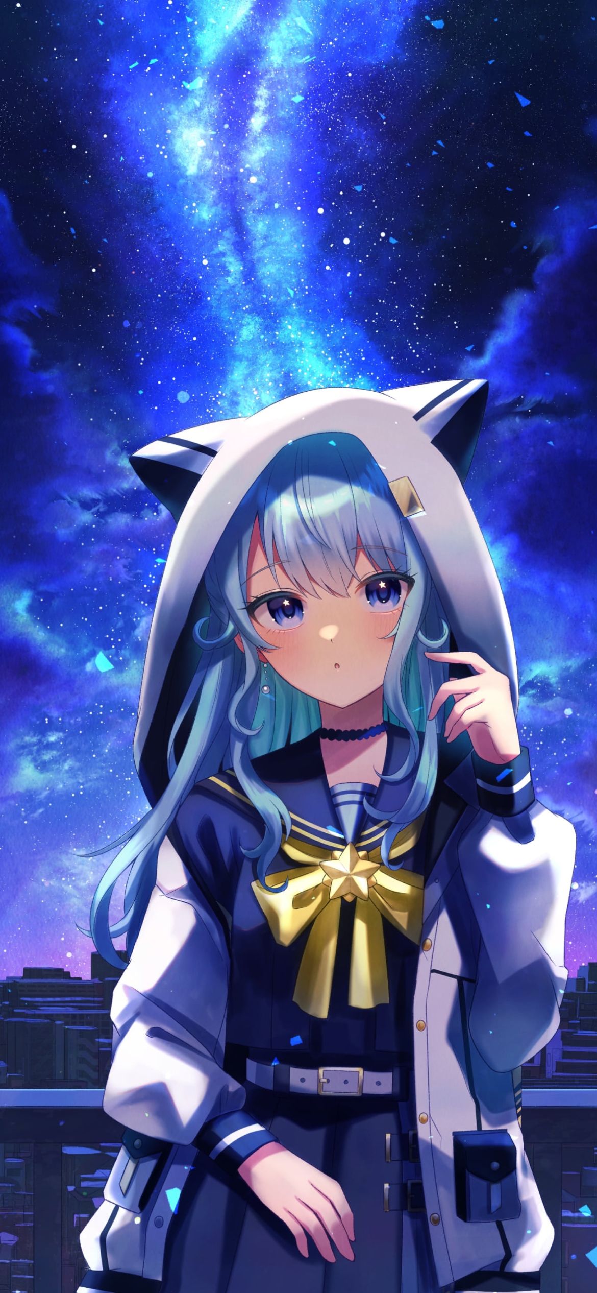 綺麗な青い銀河と星街すいせい / ホロライブ / バーチャルYouTuber / Vtuberの1170 x 2532 / スマホ壁紙
