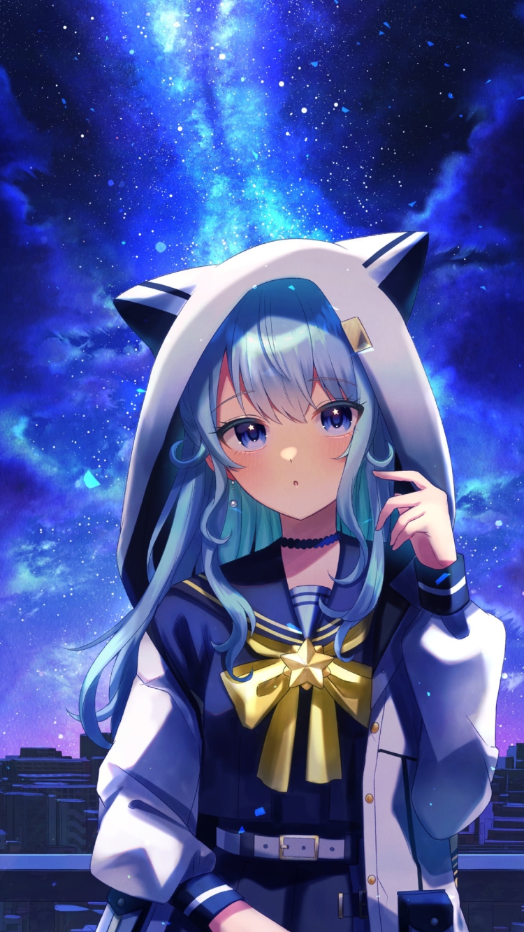 綺麗な青い銀河と星街すいせい / ホロライブ / バーチャルYouTuber / Vtuberの750 x 1334 / スマホ壁紙