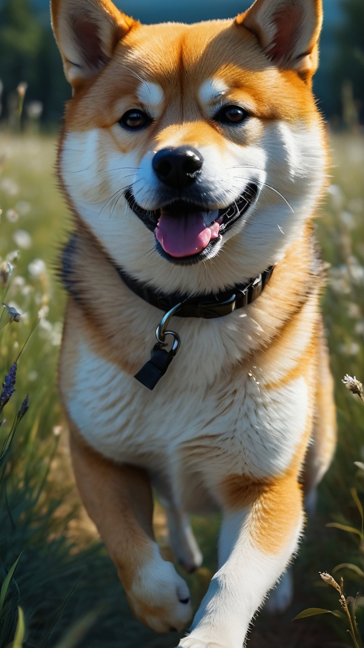 草原を猛ダッシュする可愛い柴犬の750 x 1334 / スマホ壁紙