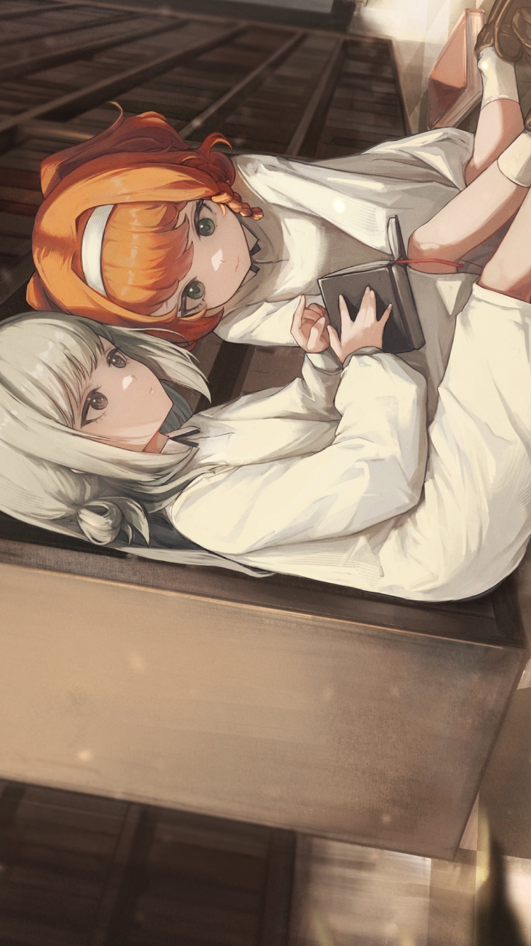 図書館で地べたに座って本を読むヴェルティとソネット / リバース:1999の750 x 1334 / スマホ壁紙
