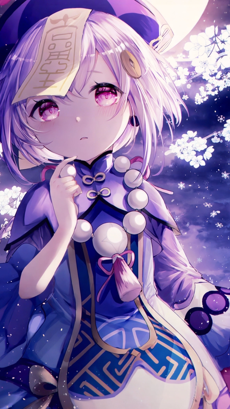 満月と光る花と七七 / 原神の750 x 1334 / スマホ壁紙