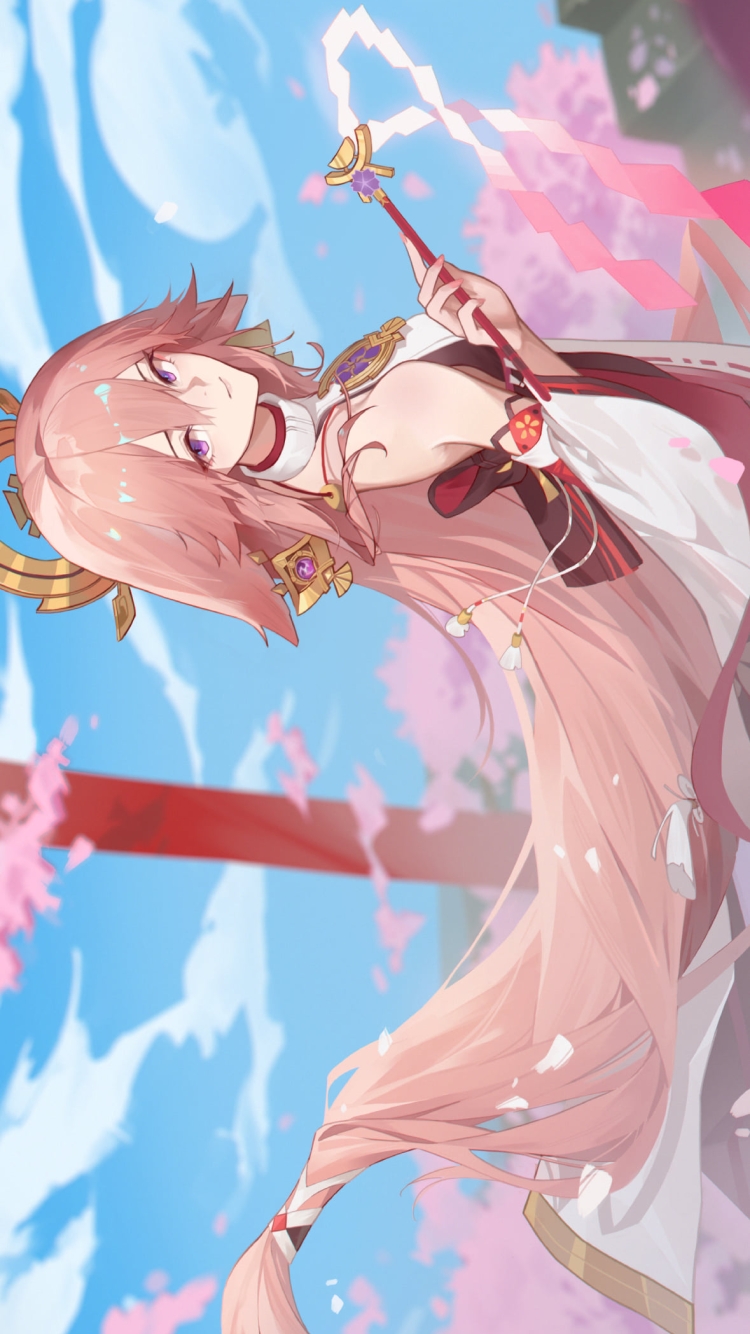 こちらを見つめる御幣を持った八重神子 / 原神の750 x 1334 / スマホ壁紙