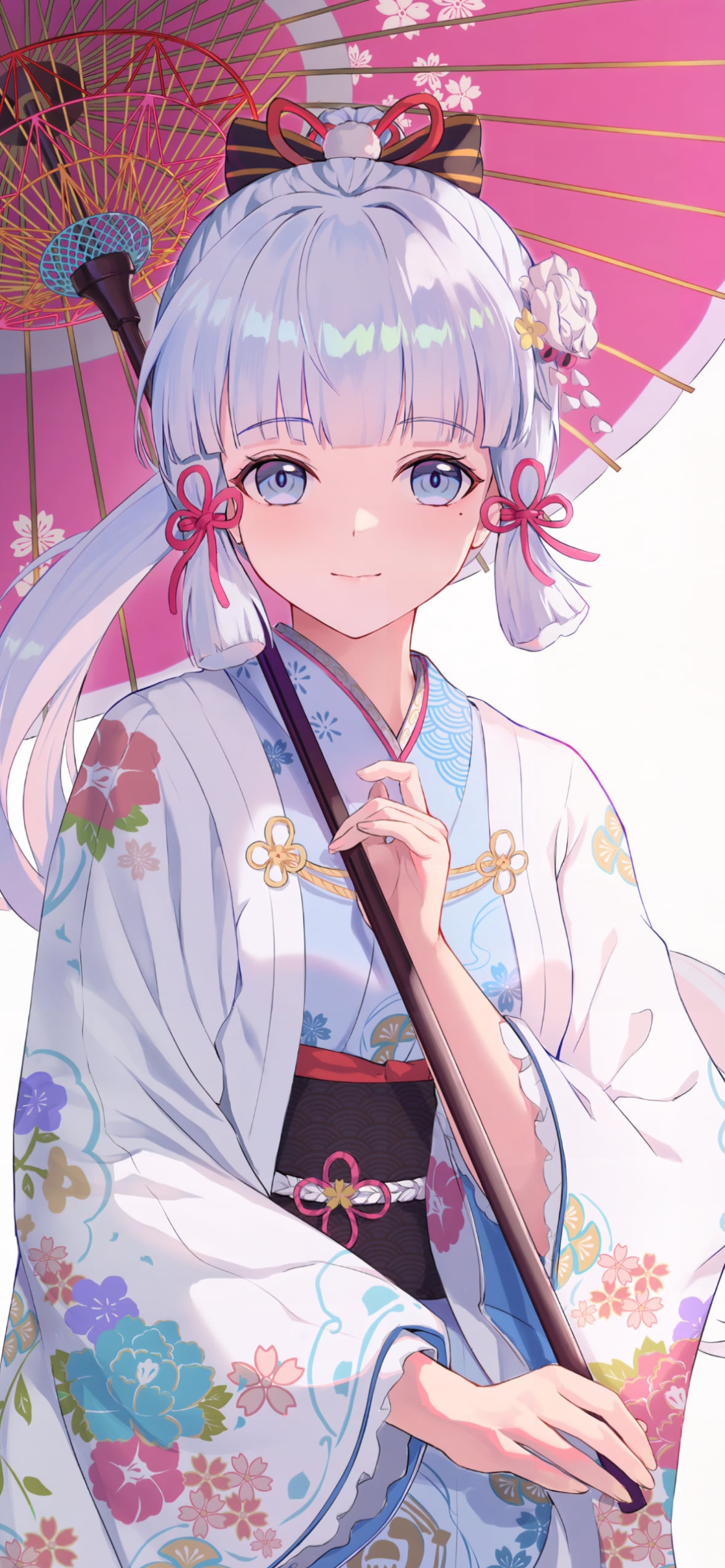 花柄模様のピンクの和傘をさし微笑む神里綾華 / 原神の1170 x 2532 / スマホ壁紙
