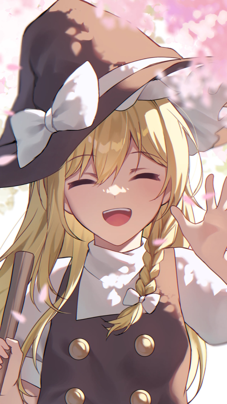 桜の花と左手で手を振る笑顔の霧雨魔理沙 / 東方の750 x 1334 / スマホ壁紙