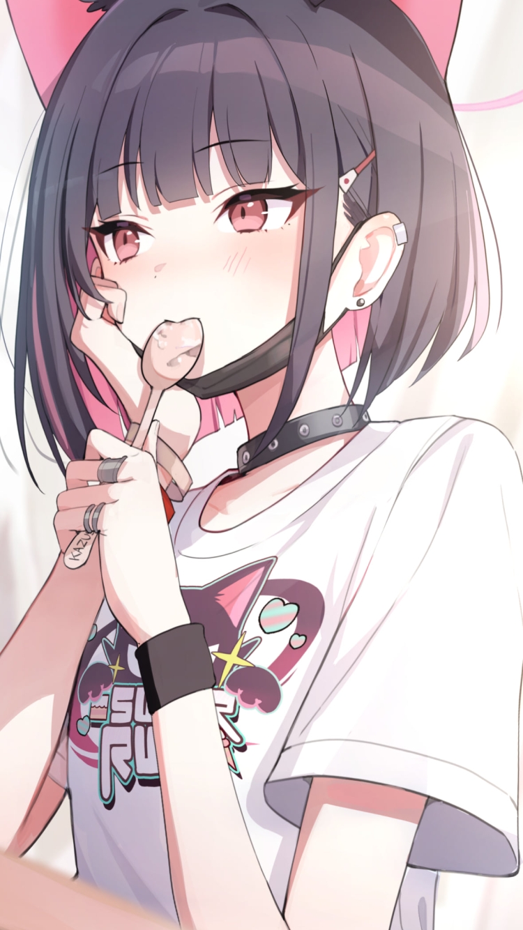 スプーンを舐める杏山カズサ / ブルーアーカイブの750 x 1334 / スマホ壁紙