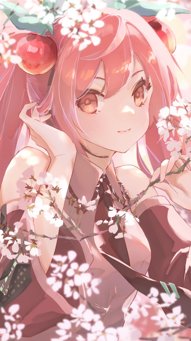 桜の枝を触る桜ミク / ボカロ / ボーカロイドの750 x 1334 / スマホ壁紙