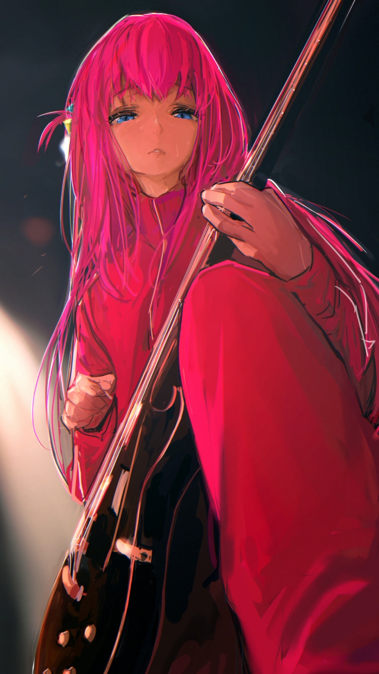 斜め下から見上げたエレキギターを弾く後藤ひとり / ぼっち・ざ・ろっく!の750 x 1334 / スマホ壁紙