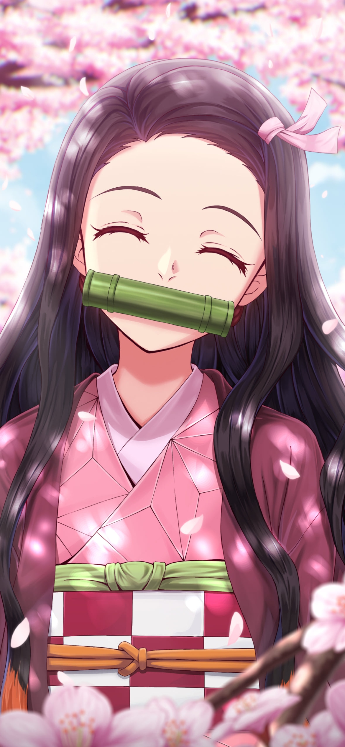 満開の桜の中で微笑む竈門禰豆子 / 可愛い / 鬼滅の刃の1170 x 2532 / スマホ壁紙