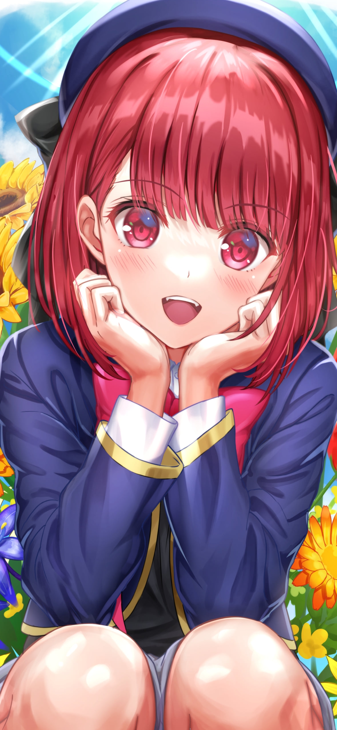カラフルな花の前にしゃがむ有馬かな / 推しの子の1170 x 2532 / スマホ壁紙