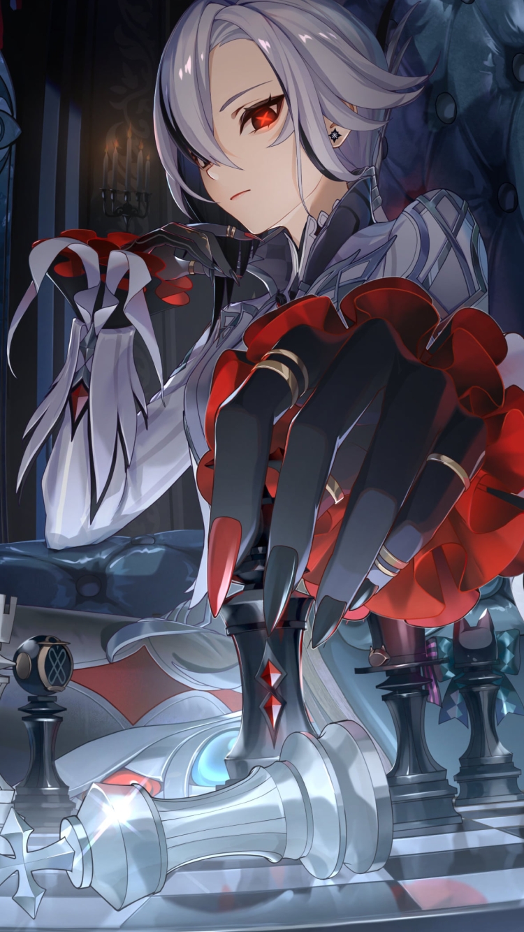 黒いチェスの駒を持つアルレッキーノ / 原神の750 x 1334 / スマホ壁紙