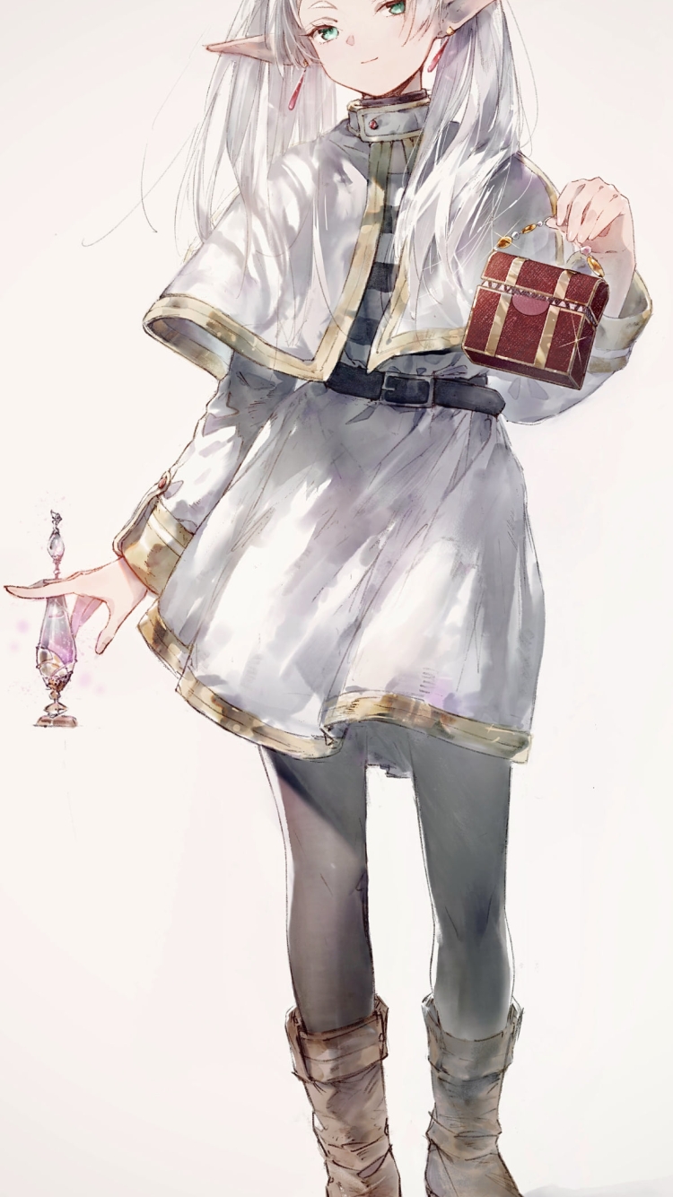 小さな鞄と小瓶を持つフリーレン / 葬送のフリーレンの750 x 1334 / スマホ壁紙