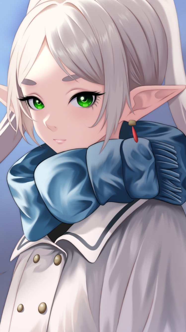 緑の瞳でこちらを見つめるフリーレン / 葬送のフリーレンの750 x 1334 / スマホ壁紙