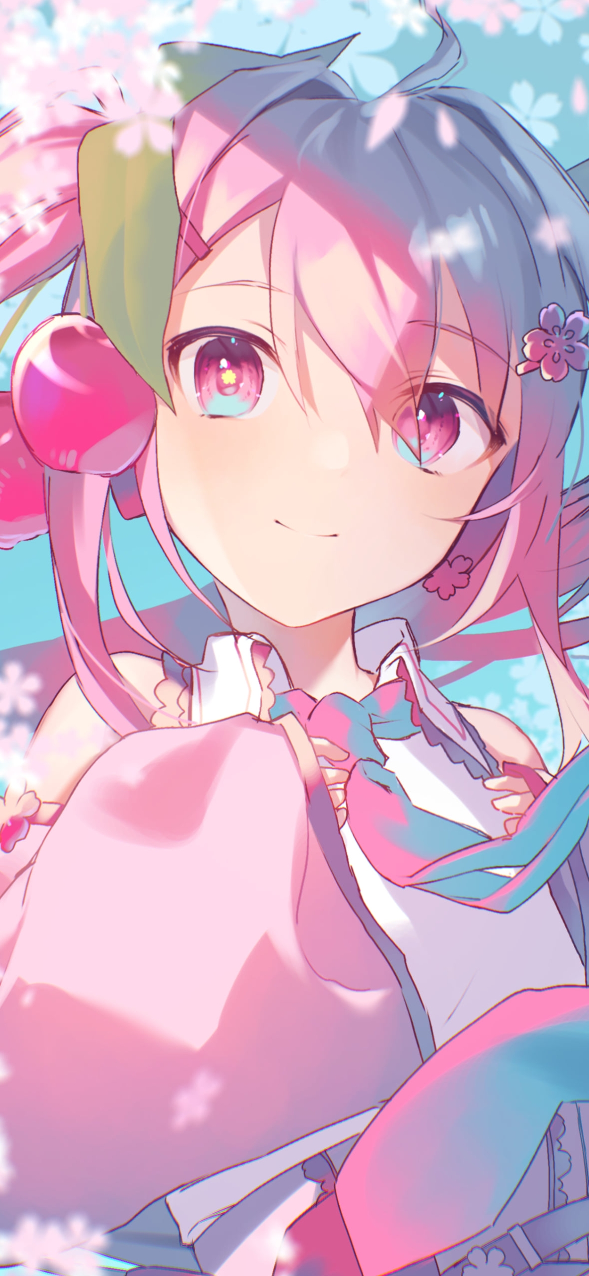 桜の花と微笑む桜ミク / サクランボの髪飾り / 初音ミク / ボーカロイドの1170 x 2532 / スマホ壁紙
