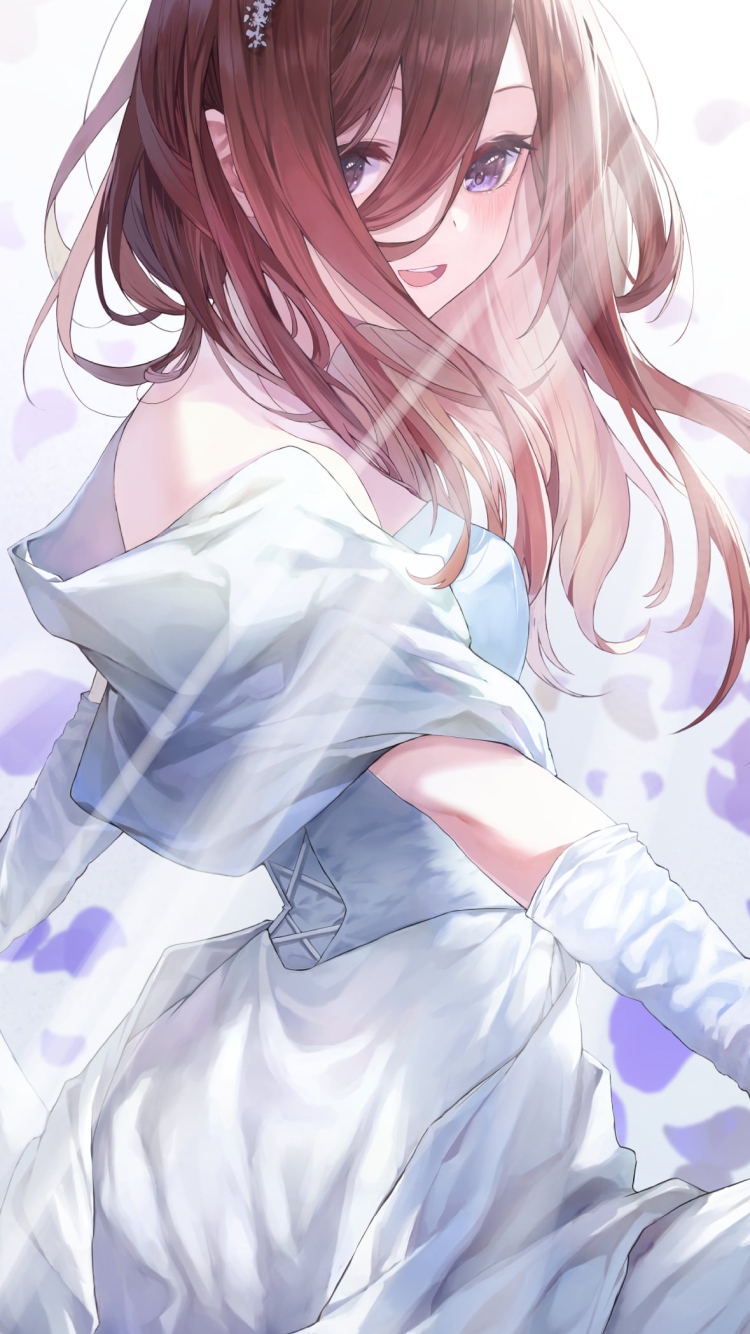 ウェディングドレスを着て振り返る可愛い中野三玖 / 五等分の花嫁の750 x 1334 / スマホ壁紙