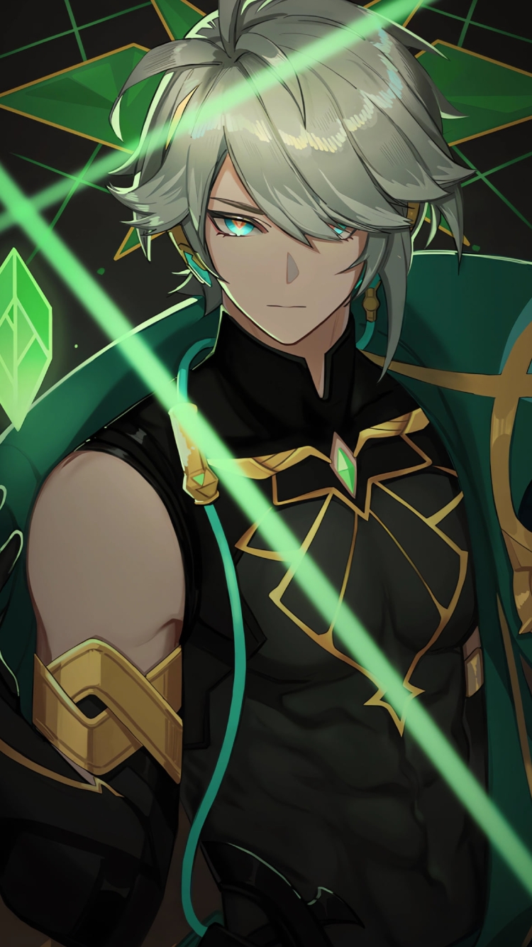 緑の光と魔法を詠唱するアルハイゼン / 原神の750 x 1334 / スマホ壁紙